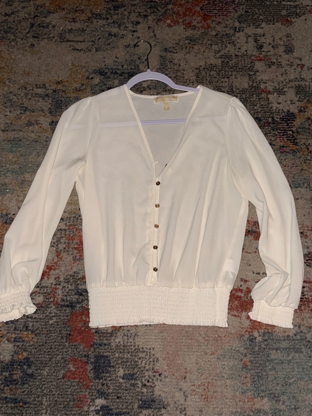 Michael Kors Cream Button-Front Smocked Hem Blouse